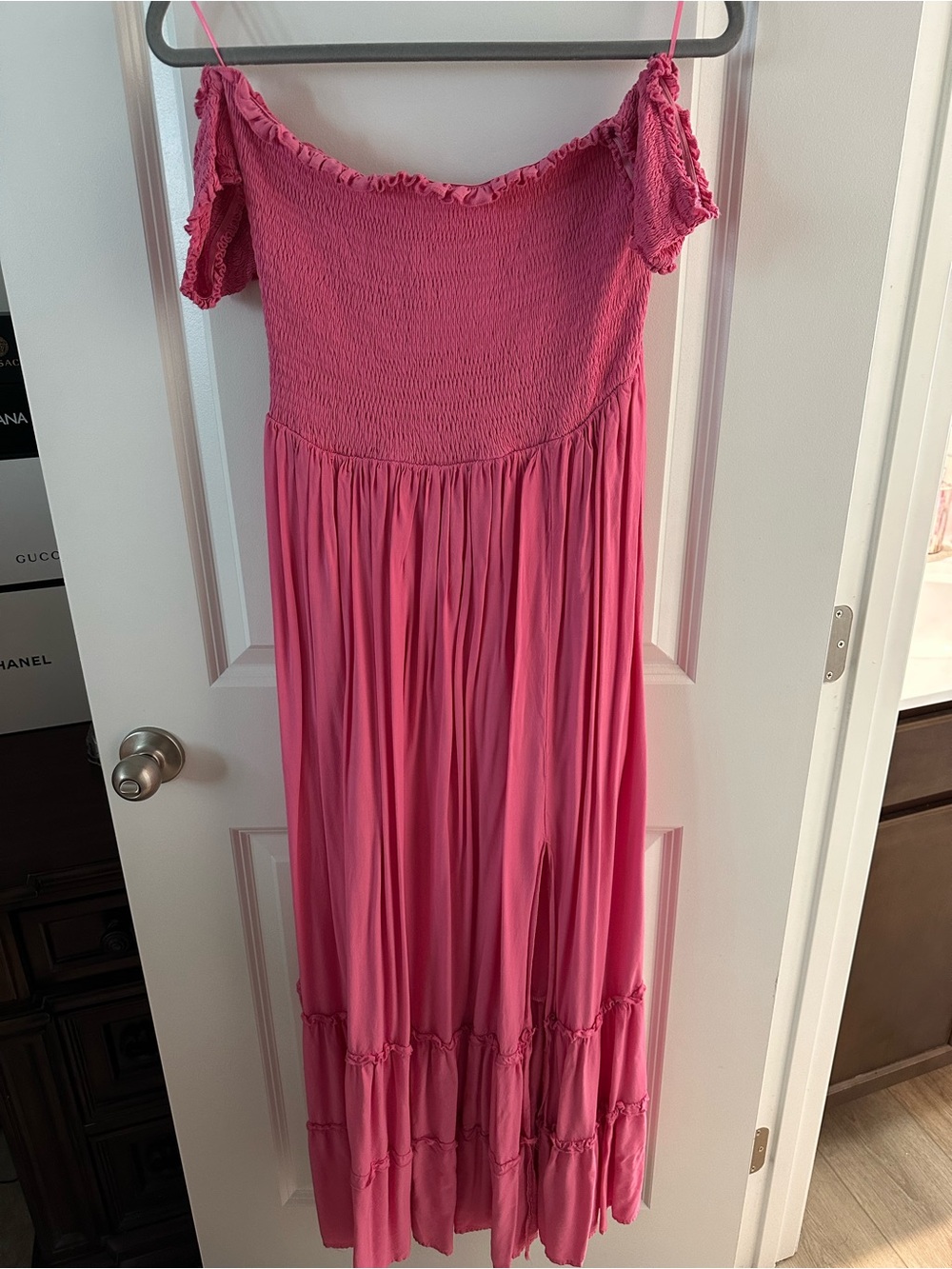 Fashion Nova Pink Off-Shoulder Smocked Maxi Dress